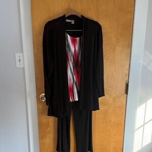 Black Cardigan and Pants Set with Red and White Top
